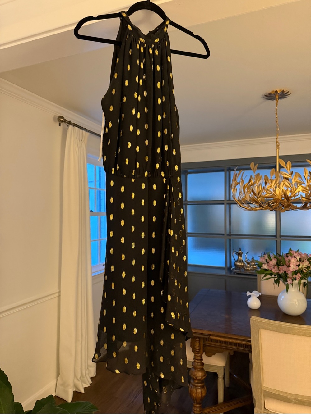 Black High-Low Halter Dress with Gold Dot Detail